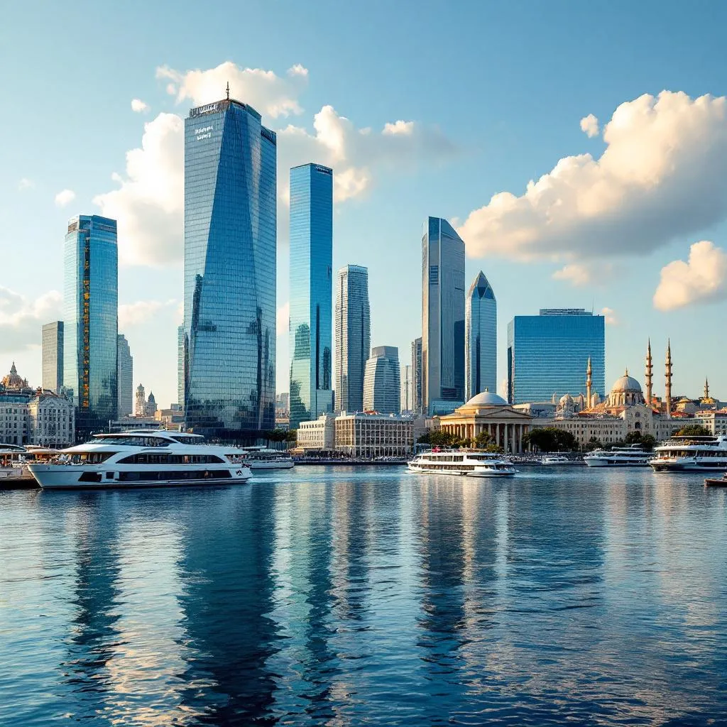 İstanbul Boğazı manzarasında modern iş kuleleri ve tarihi yapıların birleşimi